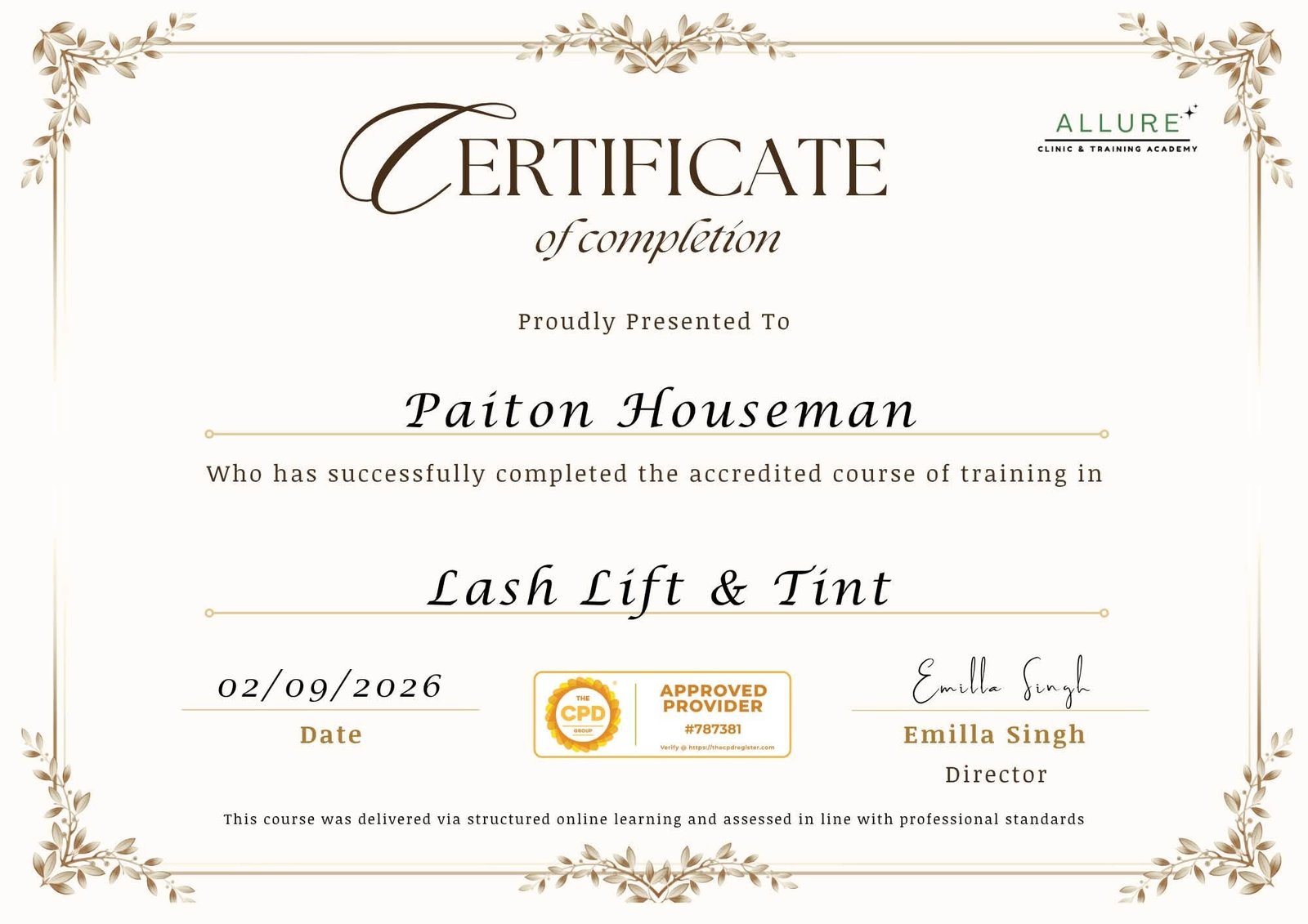 CPD accredited certificate of completion in Lash Lift & Tint
