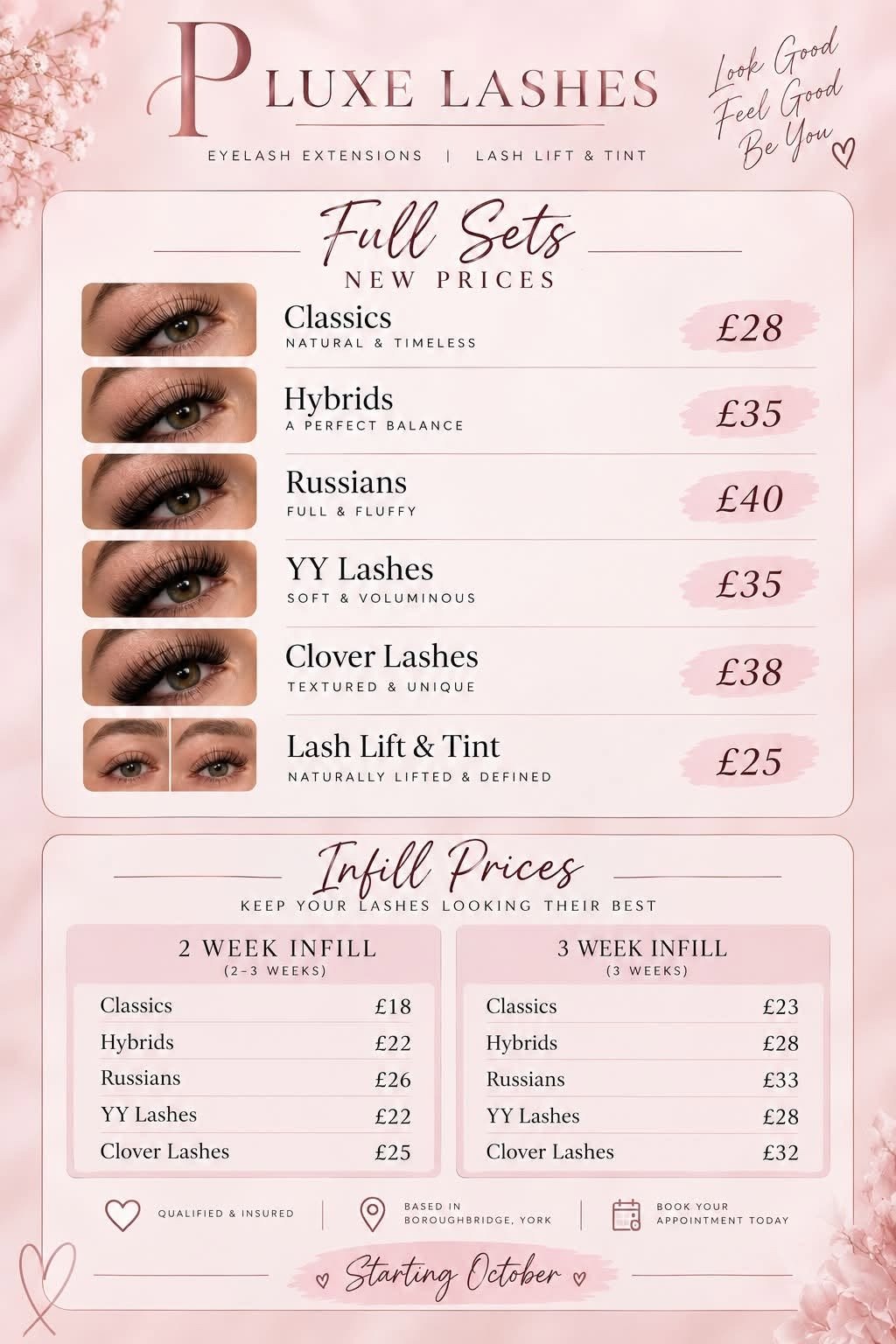 P Luxe Lashes full set and infill price list